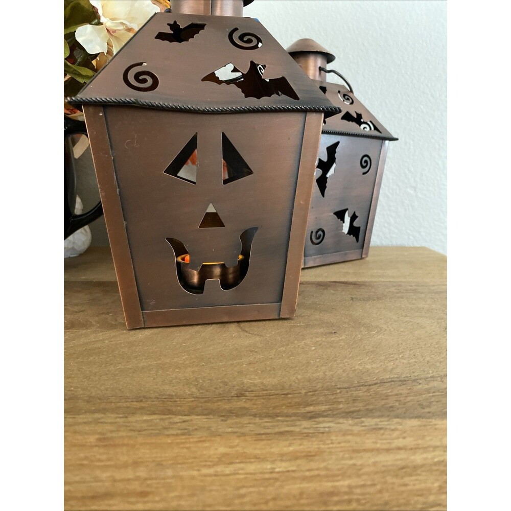 Vintage Pair Of Hallmark Halloween Lantern Copper Candle Holder Luminary 8.5"